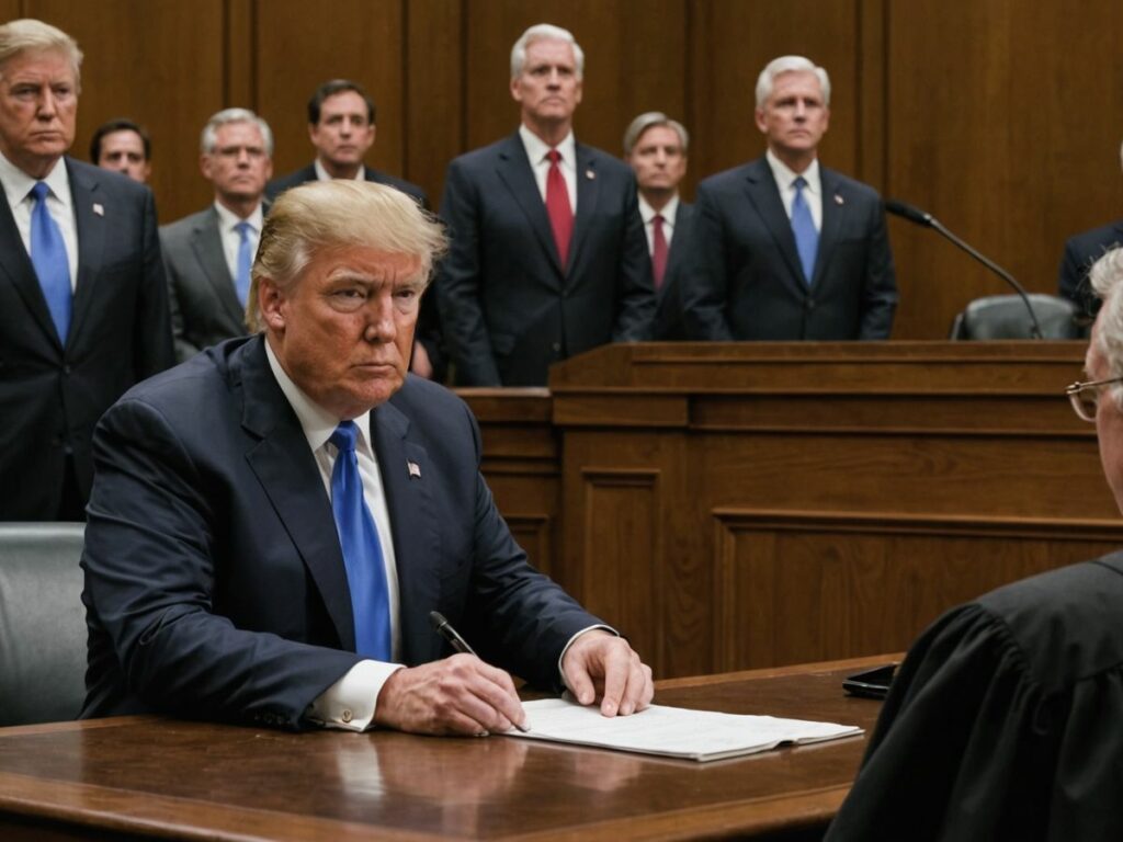 Donald Trump in courtroom with judge and lawyers