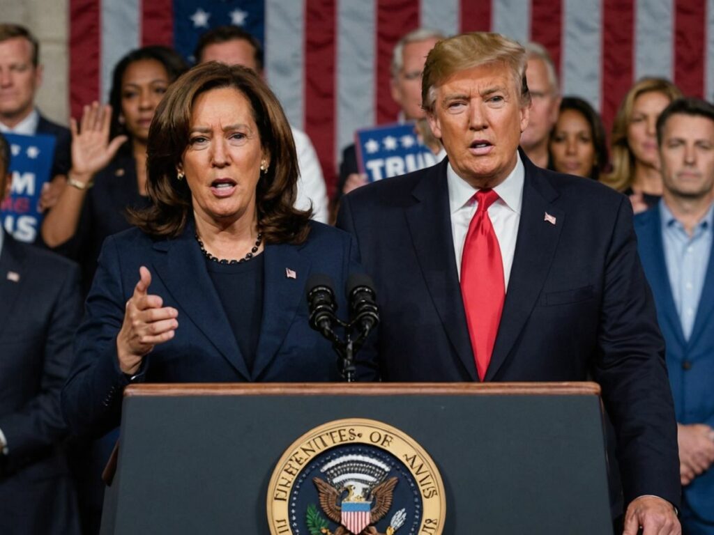 Kamala Harris speaking, Trump looking concerned