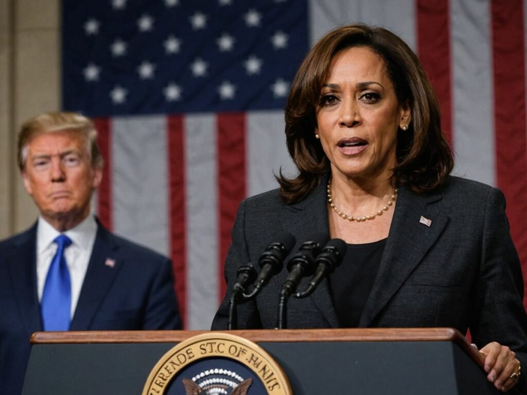 Kamala Harris speaking, Trump looking concerned.