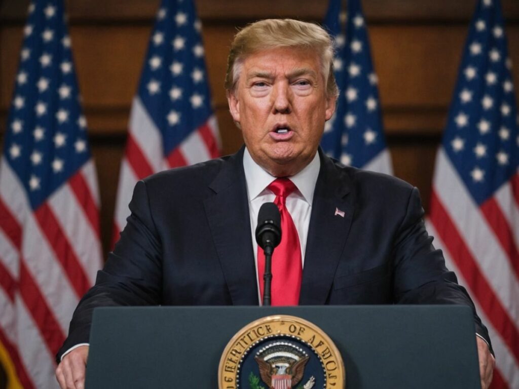 Donald Trump speaking at a podium