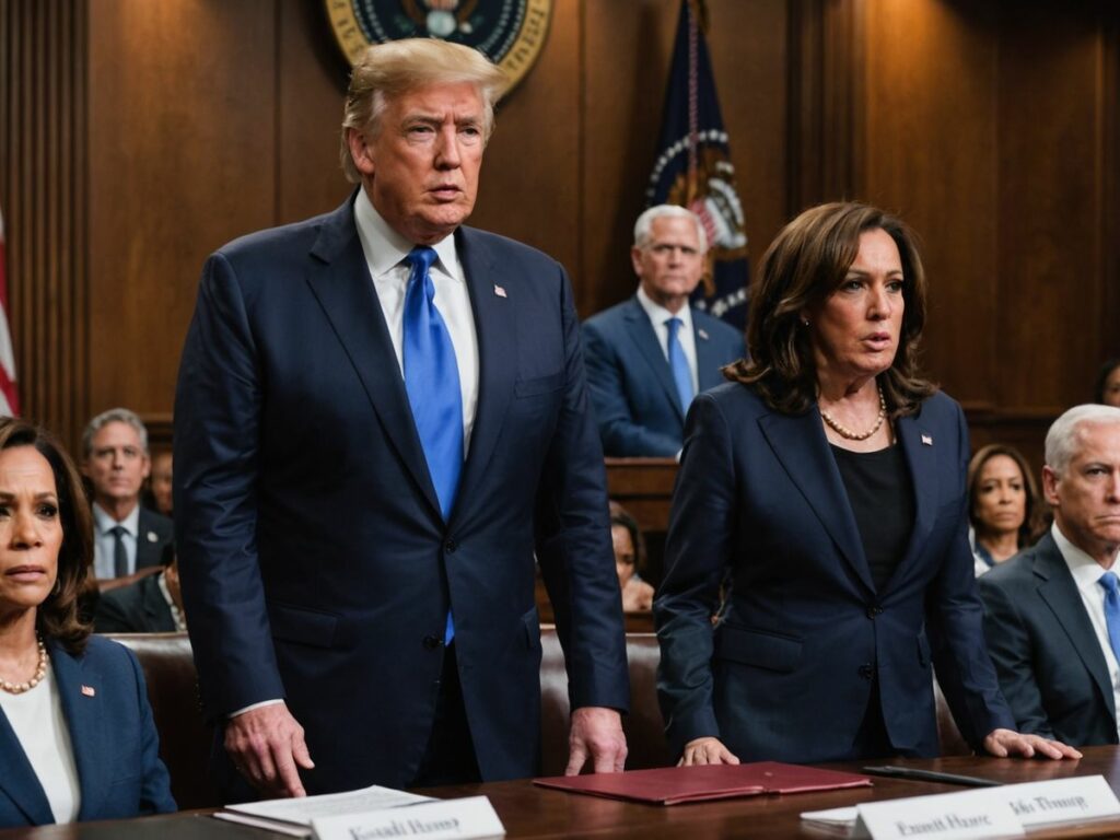 Trump and Harris in a tense courtroom scene