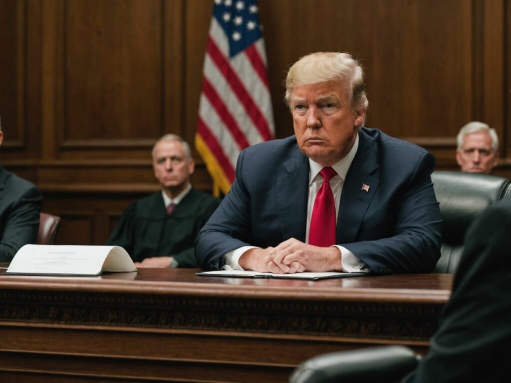 Trump in courtroom with judge and documents